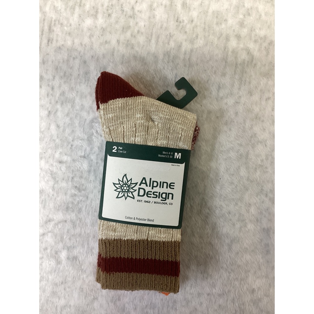 Alpine Design 2PK Ragg Hiker Crew Socks Maroon Brown Orange Mens 4-8 Womens5-10,